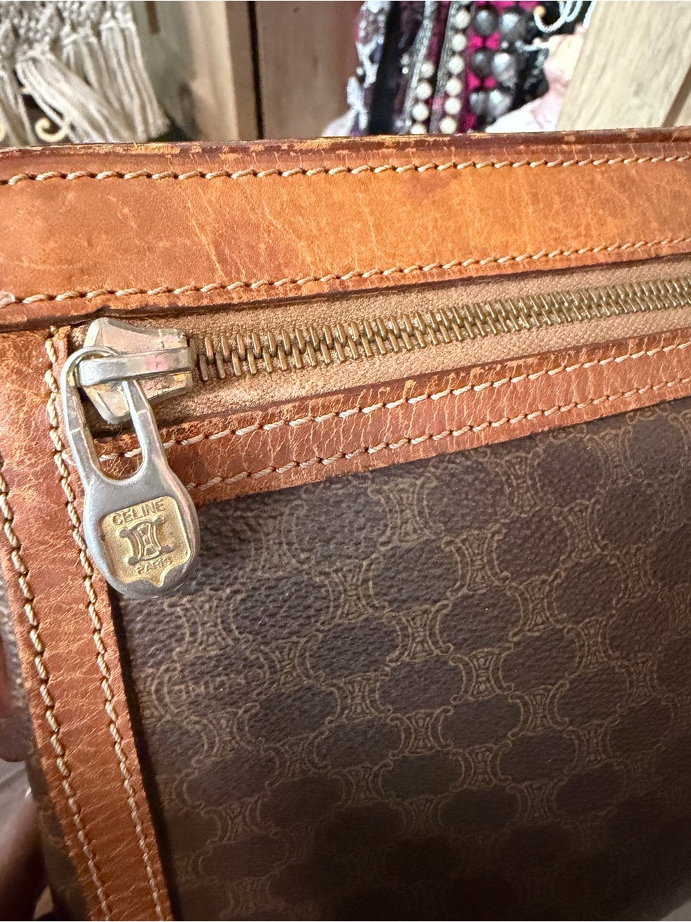 Celine Macadam Canvas Clutch Brown Leather Trim Vintage Designer - Picture 8 of 12